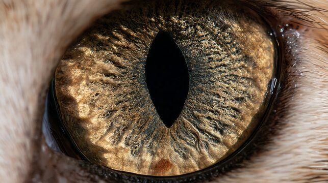 Extreme close up of a domestic cat eye with a golden iris and vertical slit pupil showing intricate texture and detailed fiber structures