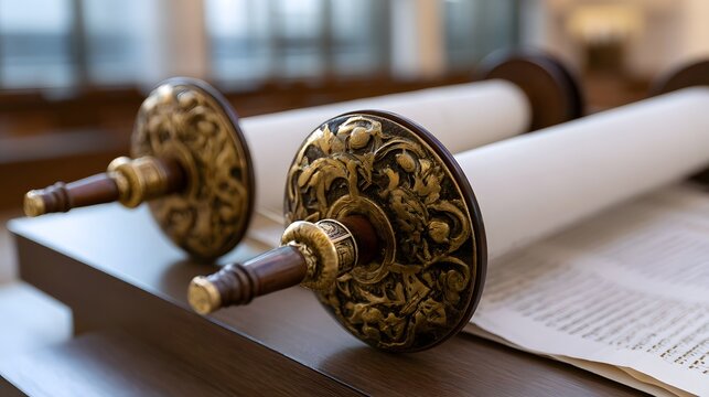 Close up of ornate Torah scroll with detailed brass finials resting on wooden surface in softly lit indoor space
