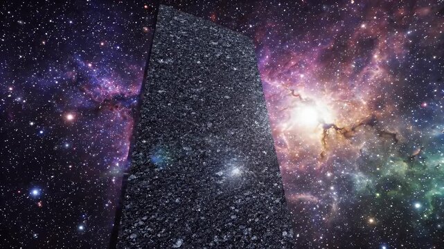 Granite monolith stands against colorful cosmic nebula and stars