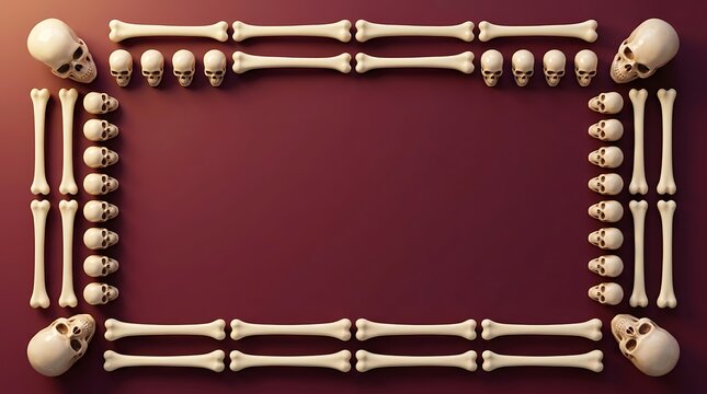 Human skulls and bones arranged in a rectangular frame on dark red background