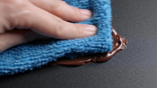 Hand cleaning chocolate smear from matte surface with cloth