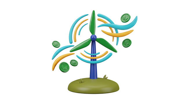 Modern 3D Clean Wind Energy Generator with Wind Ribbons and Eco Coins