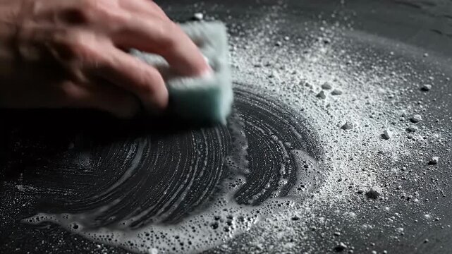 Hand scrubbing a surface with cleaning solution and sponge
