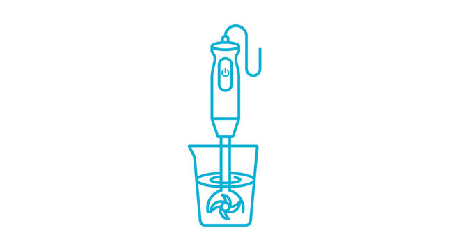 Blue outline vector illustration of kitchen blender appliance with measuring cup for food preparation