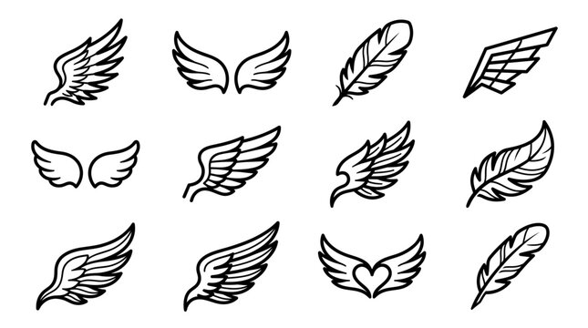 Vector wing icon set and feather line symbols showcasing angel wings, bird feathers and geometric wing shapes, concept for freedom design and emblem branding