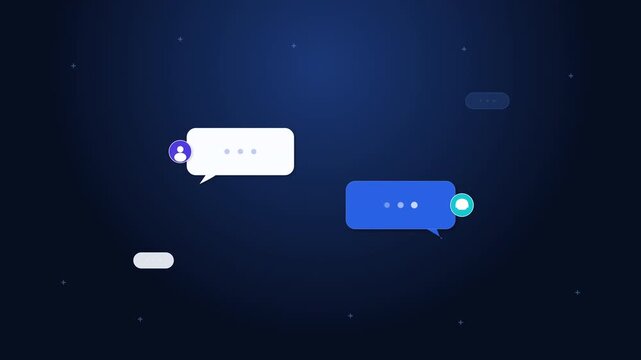 Speech bubble animation on blue background with floating dialogue icons