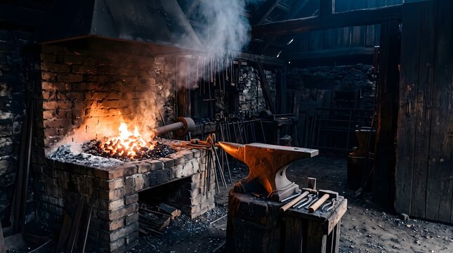 Wide photograph of a traditional blacksmith forge burning in a dark workshop, a bed of glowing orange and white hot charcoal filling the brick forge hearth.