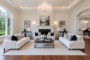 Obraz premium Luxurious living room with elegant fireplace and comfortable sofas