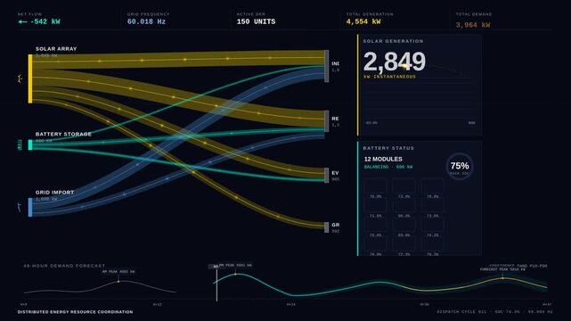 A sophisticated Distributed Energy Resource Dashboard showcasing solar energy generation, battery status, and grid demand coordination with animated visual elements in a dark premium style.