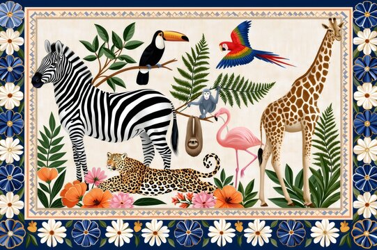 Safari animals in jungle with tropical plants border