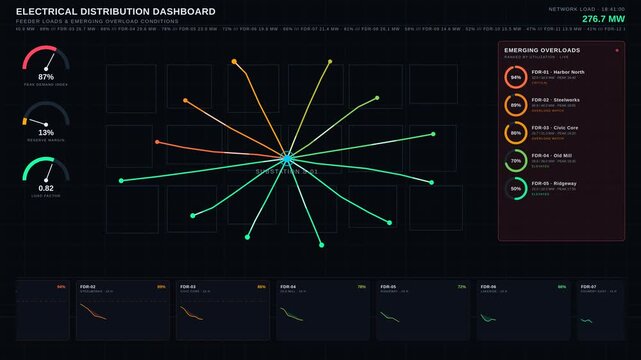 Visualize electrical distribution with a dark-themed dashboard showcasing feeder loads, emerging overload conditions, and animated SVG elements for real-time monitoring.