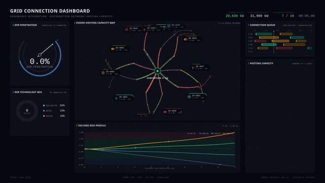 The Grid Connection Dashboard visualizes renewable integration and distribution network hosting capacity with interactive elements like charts and animated connection requests.