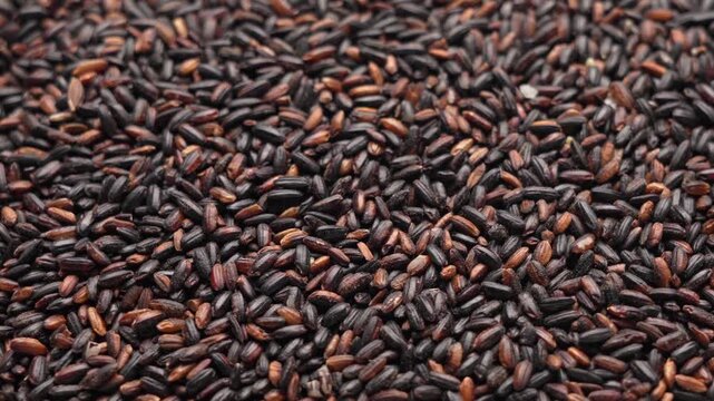 Close-up of uncooked black rice grains with natural color variation for gourmet food photography