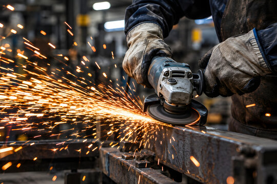 Metalworker grinding steel beam structure with angle grinder and flying sparks.