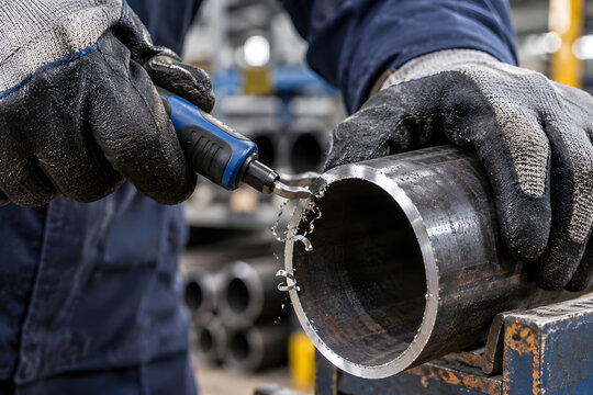 Metalworker deburring inner edge of steel pipe using hand deburring tool.