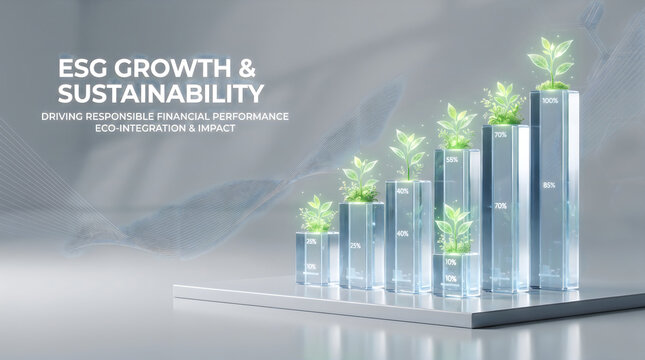 ESG impact sustainability presentation background with growing plants on glass graph pillars and light corporate backdrop