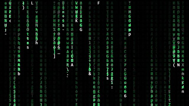 Digital Matrix Code Rain Falling Down on Black Background, Abstract Computer Programming Data Stream Animation