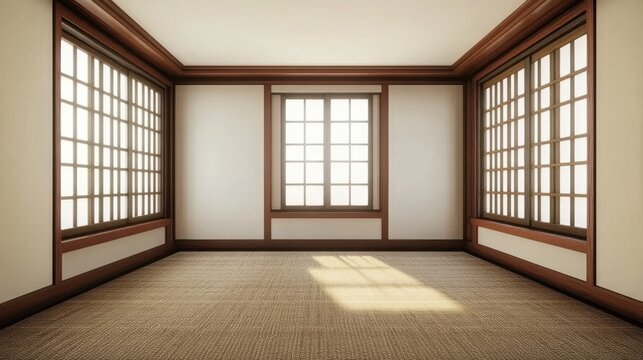 Empty Japanese room with tatami mats and grid windows