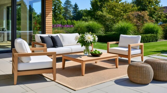 Modern outdoor patio furniture set on terrace
