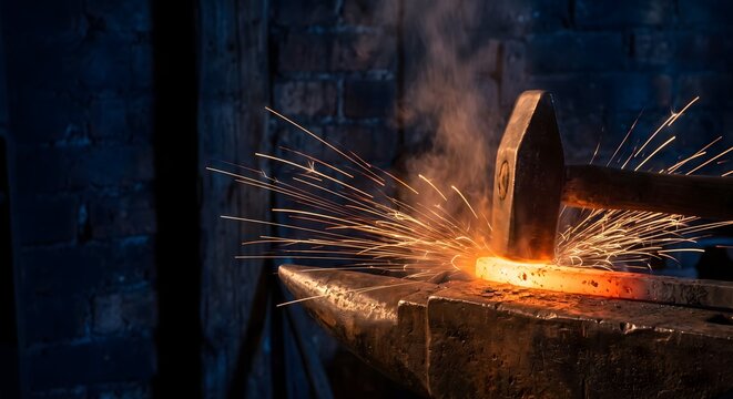 Dramatic close-up photograph of a blacksmith hammer striking a glowing orange hot steel bar on an anvil, captured at the instant of impact with a burst of sparks thrown outward.