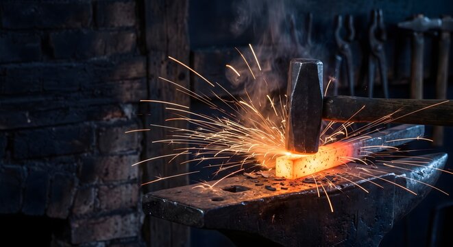 Dramatic close-up photograph of a blacksmith hammer striking a glowing orange hot steel bar on an anvil, captured at the instant of impact with a burst of sparks thrown outward.