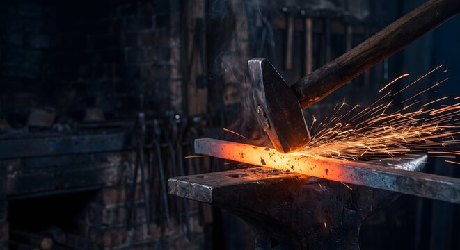 Dramatic close-up photograph of a blacksmith hammer striking a glowing orange hot steel bar on an anvil, captured at the instant of impact with a burst of sparks thrown outward.