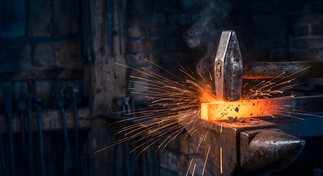 Dramatic close-up photograph of a blacksmith hammer striking a glowing orange hot steel bar on an anvil, captured at the instant of impact with a burst of sparks thrown outward.