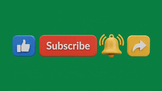 Subscribe button video animation with like thumb, notification bell and share icon on green screen background