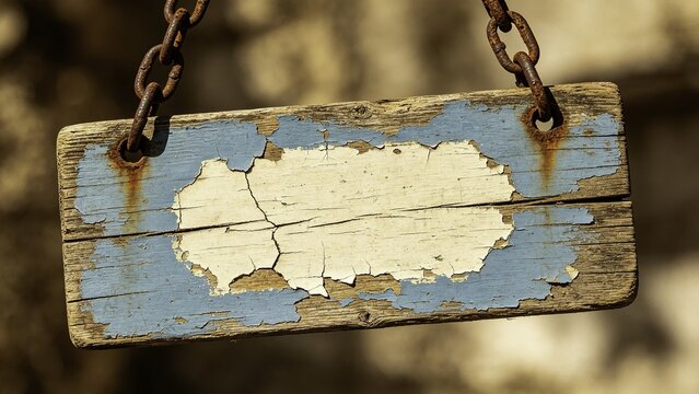 Weathered Blank Wooden Sign on Chains