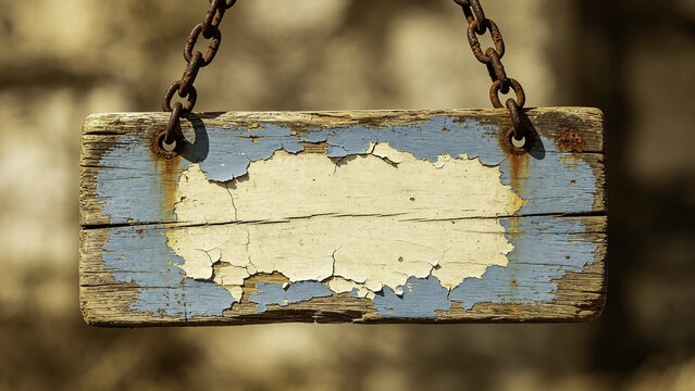 Weathered Blank Wooden Sign on Chains