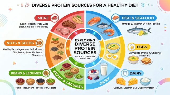 Nutrition infographic chart showing diverse healthy protein food sources