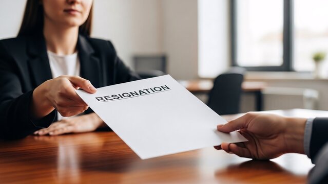 Employee submitting resignation letter to manager in office