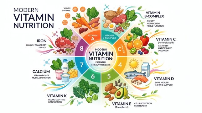 Modern vitamin nutrition infographic chart with essential food sources