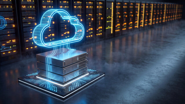 Glowing wireframe cloud computing symbol hovering above stacked server units inside a modern datacenter facility