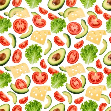 Fresh and colorful seamless pattern of sliced avocados, ripe red tomatoes, Swiss cheese slices, and lettuce. Ideal for kitchen decor, recipe book covers, and packaging.
