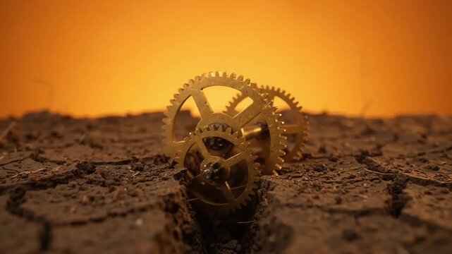 Brass gears rotating in dry cracked earth under orange light