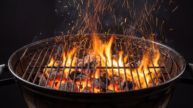 Glowing charcoal briquettes burn intensely under metal grill grates with bright fiery sparks flying upward in darkness