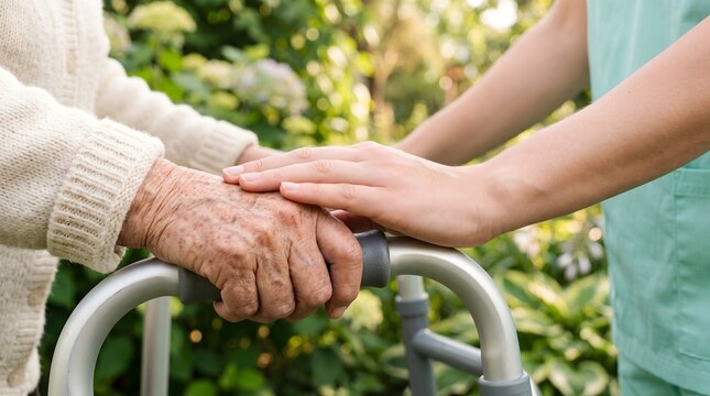 Close-up of a young caregiver's hand supporting an elderly woman's hand on a walker in a sunny garden for geriatric healthcare and compassionate elderly care services.