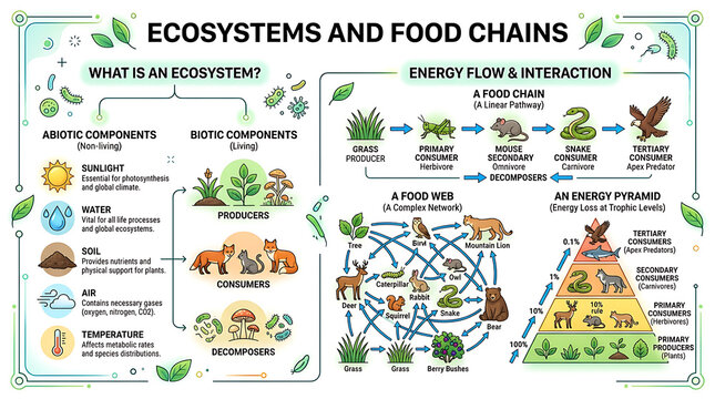 Ecosystems and food chains educational infographic poster, science biology diagram showing energy flow, biotic and abiotic components food web chart