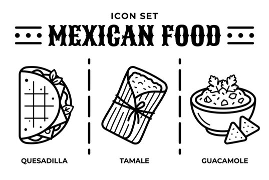 Mexican Food Vector Icon Set with Quesadilla Tamale and Guacamole