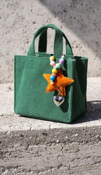Green Corduroy Tote Bag with Beaded Star Keychain Charm