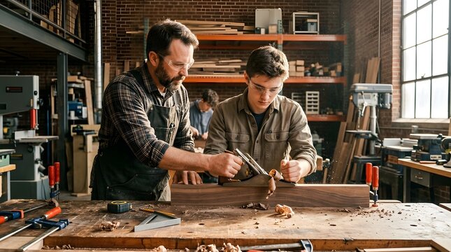 Professional carpenter mentor demonstrating the correct technique of using a manual hand plane to a young apprentice student on a wooden plank in a traditional woodworking workshop.