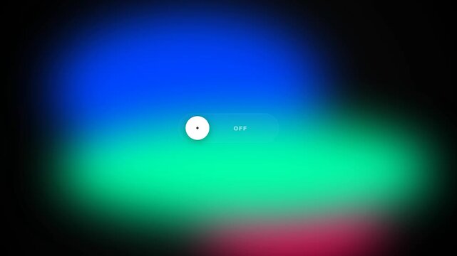 Round white toggle switch slides between active and inactive states over soft glowing blue green and pink bokeh light blobs on a dark background. Perfect for tech and app development visuals.