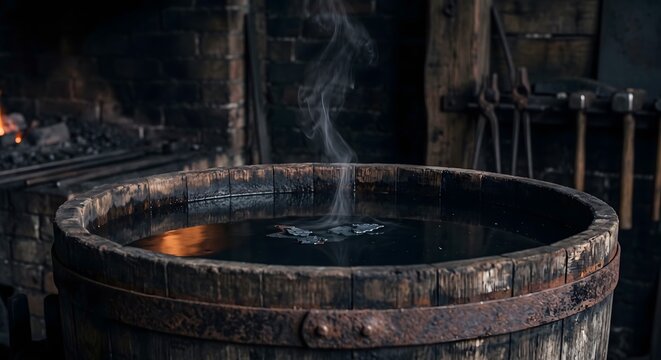 Close-up photograph of an old wooden quench tank in a blacksmith workshop shortly after use, the dark water surface calm again with only a thin wisp of steam still rising and curling in the cool air.