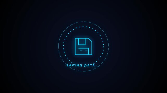 A high-tech HUD grid featuring glowing neon blue floppy disk icons with saving data labels on a solid dark background. Perfect for cybersecurity and retro computing themed projects.