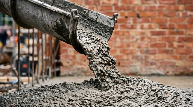 Liquid concrete flowing from a mixer chute onto a pile of gravel at an urban building site for industrial foundation and structural renovation project purpose.
