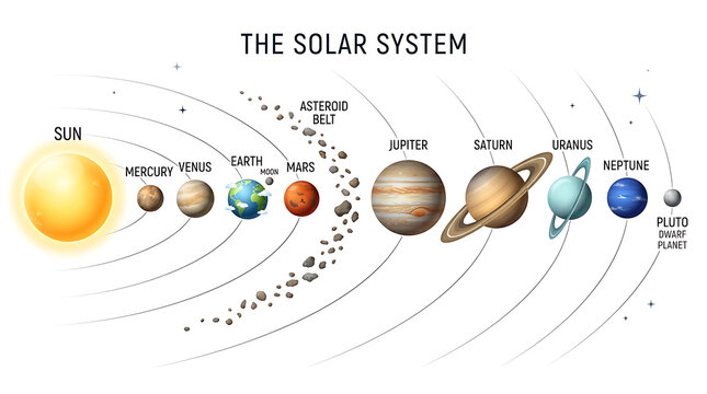 Solar system planets diagram with orbits, educational astronomy infographic illustration of sun and planets, space science chart for school learning poster