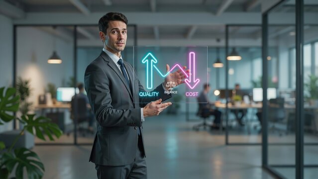 Professional businessman presenting digital holographic graphics showcasing quality balance and cost reduction metrics inside modern corporate office space