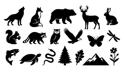 Fototapeta premium Black Wildlife and Nature Silhouette Icons Collection, Animal Vector Set