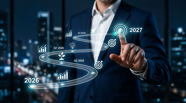 Businessman interacting with a futuristic 2026 to 2027 business roadmap graphic